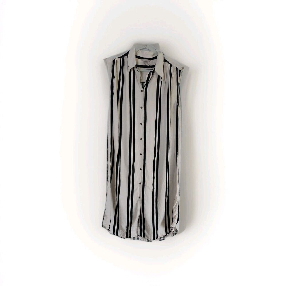 H&M Women’s Black & White Striped Linen Blend Midi Shirt Dress Size Large